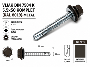 VIJAK DIN 7504 K 5,5x50 KOMPLET (RAL 8019)-METAL